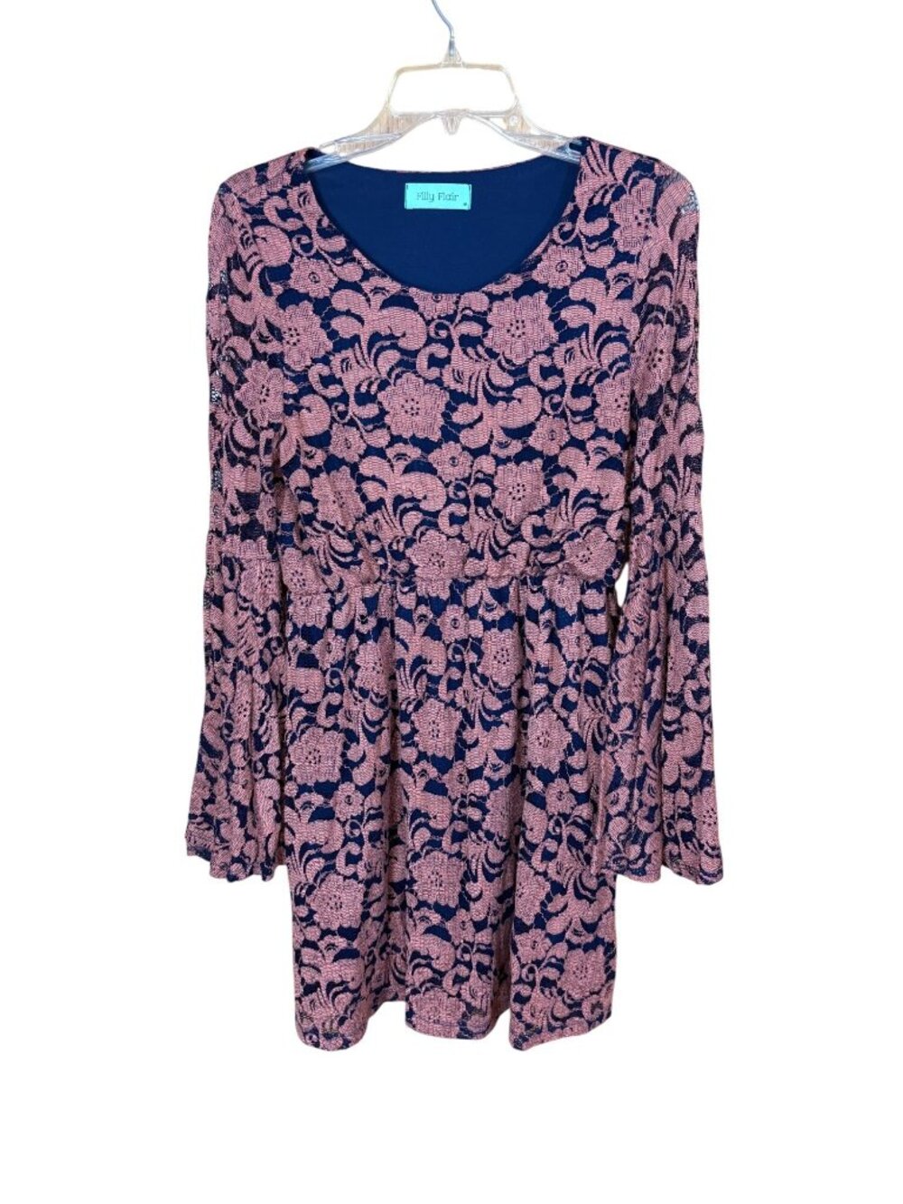 Filly Flair Floral Lace Bell Sleeve Dress Blue Lined Rust Overlay Size M Boho